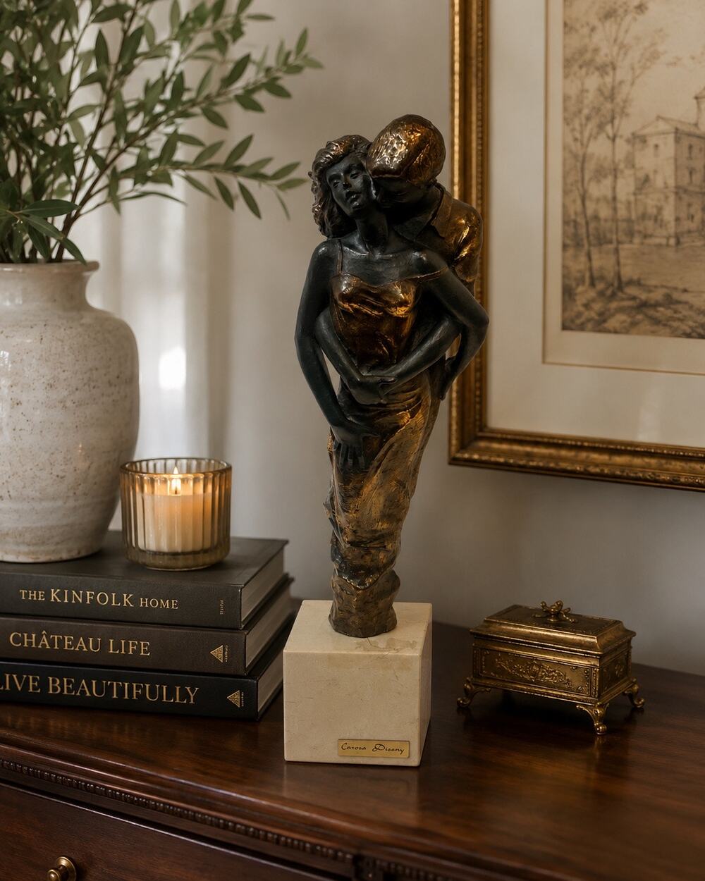 Carosa Disseny Romantic Couple Sculpture Bronze Finish Marble Base 16” Spain